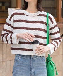 ショート丈・ベーシック クルーネックボーダーニット