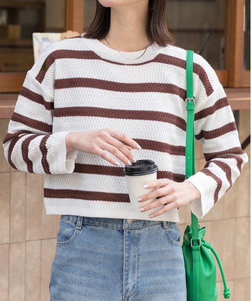 ad thie(アドティエ)の「ショート丈・ベーシック クルーネックボーダーニット(ニット/セーター・レディース・ブラウン/ブラック/ライトグレー・FREE)」の3枚目の写真