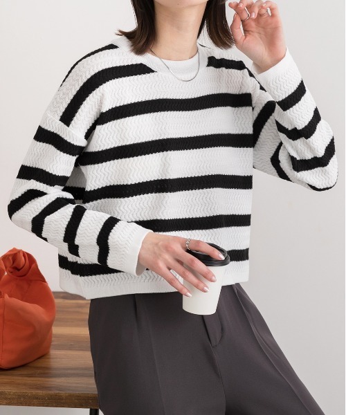 ad thie(アドティエ)の「ショート丈・ベーシック クルーネックボーダーニット(ニット/セーター・レディース・ブラウン/ブラック/ライトグレー・FREE)」の2枚目の写真