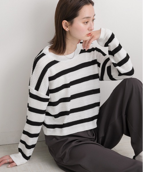 ad thie(アドティエ)の「ショート丈・ベーシック クルーネックボーダーニット(ニット/セーター・レディース・ブラウン/ブラック/ライトグレー・FREE)」の9枚目の写真