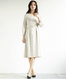 WHITE JOOLA（ホワイトジョーラ）の「オフィスもフォーマルも軽キレイワンピース！【洗濯機で洗える！ストレッチ！シワになりにくい】杢調2WAY細ベルト付きフィット＆フレアーワンピース（ワンピース・レディース）」