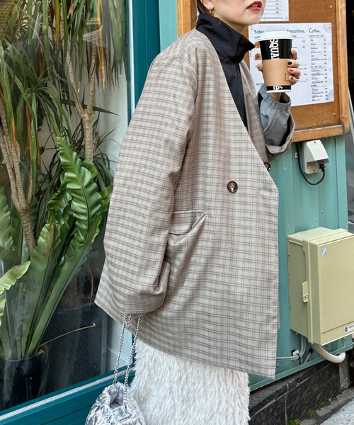 archives（アルシーヴ）の「〈limited〉Check Jacket（ノーカラージャケット・レディース・ブラウン/グレー・MEDIUM）」の7枚目の写真