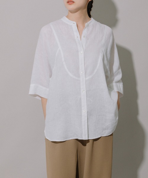 Munich（ミューニック）の「60sフレンチリネンキャンバスハーフスリーブシャツ（シャツ/ブラウス・レディース・ホワイト/ブラック/レンガ/グリーン・FREE）」の9枚目の写真