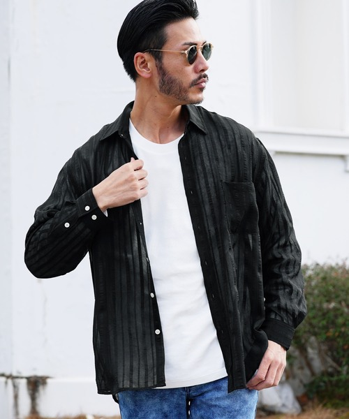 jiggys shop(ジギーズショップ)の「シアーストライプ ロングスリーブ シャツ 薄手 ルーズシルエット(シャツ/ブラウス・メンズ・ブラック/ホワイト・LARGE/X-LARGE/MEDIUM)」の1枚目の写真