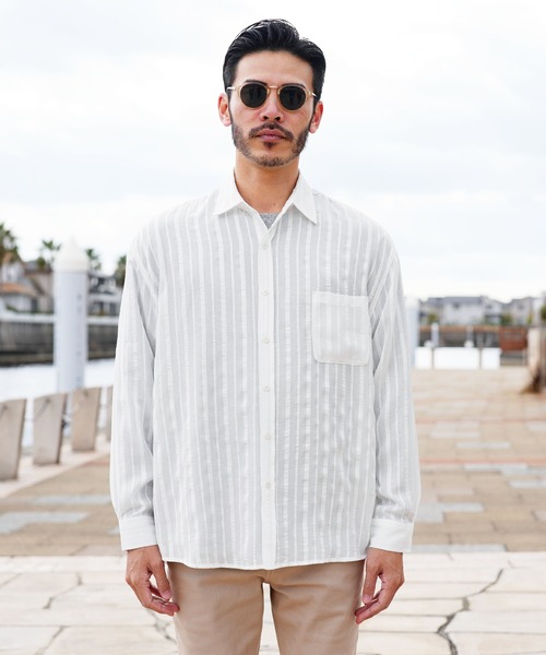 jiggys shop(ジギーズショップ)の「シアーストライプ ロングスリーブ シャツ 薄手 ルーズシルエット(シャツ/ブラウス・メンズ・ブラック/ホワイト・LARGE/X-LARGE/MEDIUM)」の3枚目の写真