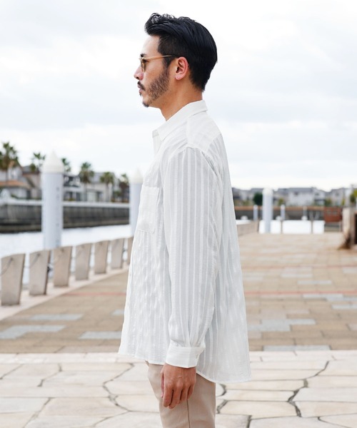 jiggys shop(ジギーズショップ)の「シアーストライプ ロングスリーブ シャツ 薄手 ルーズシルエット(シャツ/ブラウス・メンズ・ブラック/ホワイト・LARGE/X-LARGE/MEDIUM)」の4枚目の写真