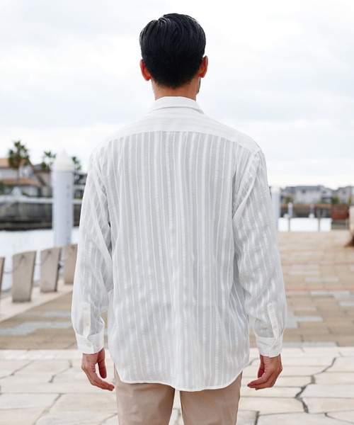 jiggys shop(ジギーズショップ)の「シアーストライプ ロングスリーブ シャツ 薄手 ルーズシルエット(シャツ/ブラウス・メンズ・ブラック/ホワイト・LARGE/X-LARGE/MEDIUM)」の5枚目の写真