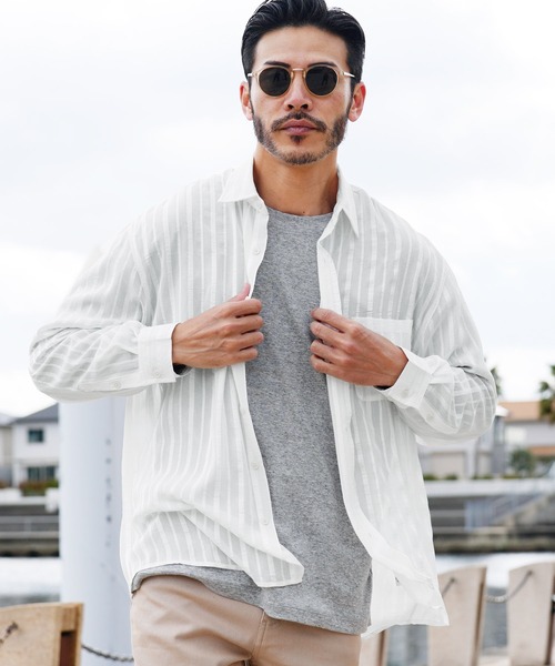 jiggys shop(ジギーズショップ)の「シアーストライプ ロングスリーブ シャツ 薄手 ルーズシルエット(シャツ/ブラウス・メンズ・ブラック/ホワイト・LARGE/X-LARGE/MEDIUM)」の10枚目の写真