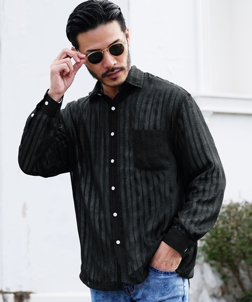 jiggys shop(ジギーズショップ)の「シアーストライプ ロングスリーブ シャツ 薄手 ルーズシルエット(シャツ/ブラウス・メンズ・ブラック/ホワイト・LARGE/X-LARGE/MEDIUM)」の13枚目の写真