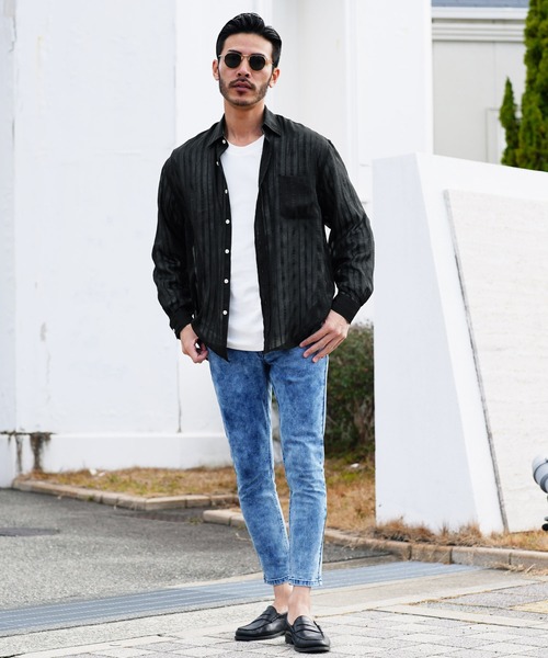 jiggys shop(ジギーズショップ)の「シアーストライプ ロングスリーブ シャツ 薄手 ルーズシルエット(シャツ/ブラウス・メンズ・ブラック/ホワイト・LARGE/X-LARGE/MEDIUM)」の14枚目の写真
