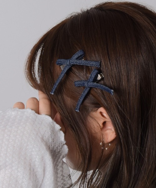 【後ろ姿に品格を】HERMES デニム風 リボン ヘアピン Flowering ヘアピン 2個セット/デニムリボン/ロングリボン