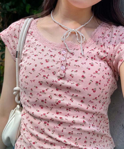 Teem Store(チームストア)の「フラワーヘンリー レース ショート Tシャツ(Tシャツ/カットソー・レディース・ピンク系その他/ブルー/ホワイト系その他2/パープル/ホワイト/ピンク/ホワイト系その他・F)」の7枚目の写真
