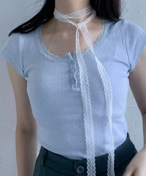 Teem Store(チームストア)の「フラワーヘンリー レース ショート Tシャツ(Tシャツ/カットソー・レディース・ピンク系その他/ブルー/ホワイト系その他2/パープル/ホワイト/ピンク/ホワイト系その他・F)」の5枚目の写真