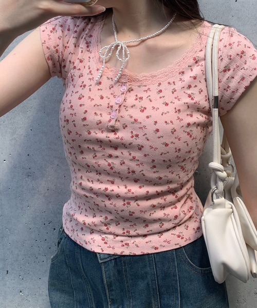Teem Store(チームストア)の「フラワーヘンリー レース ショート Tシャツ(Tシャツ/カットソー・レディース・ピンク系その他/ブルー/ホワイト系その他2/パープル/ホワイト/ピンク/ホワイト系その他・F)」の18枚目の写真
