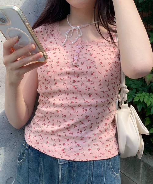 Teem Store(チームストア)の「フラワーヘンリー レース ショート Tシャツ(Tシャツ/カットソー・レディース・ピンク系その他/ブルー/ホワイト系その他2/パープル/ホワイト/ピンク/ホワイト系その他・F)」の9枚目の写真