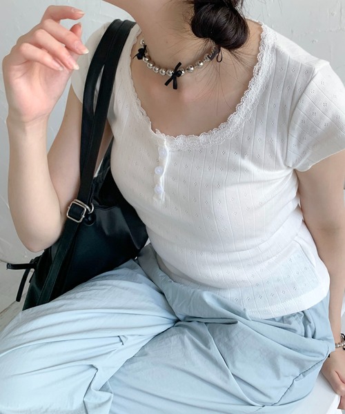 Teem Store(チームストア)の「フラワーヘンリー レース ショート Tシャツ(Tシャツ/カットソー・レディース・ピンク系その他/ブルー/ホワイト系その他2/パープル/ホワイト/ピンク/ホワイト系その他・F)」の14枚目の写真