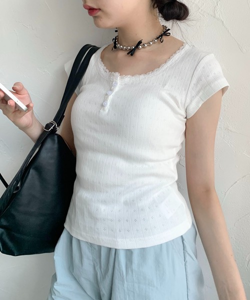Teem Store(チームストア)の「フラワーヘンリー レース ショート Tシャツ(Tシャツ/カットソー・レディース・ピンク系その他/ブルー/ホワイト系その他2/パープル/ホワイト/ピンク/ホワイト系その他・F)」の12枚目の写真