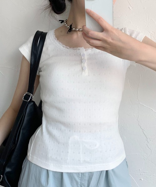 Teem Store(チームストア)の「フラワーヘンリー レース ショート Tシャツ(Tシャツ/カットソー・レディース・ピンク系その他/ブルー/ホワイト系その他2/パープル/ホワイト/ピンク/ホワイト系その他・F)」の15枚目の写真