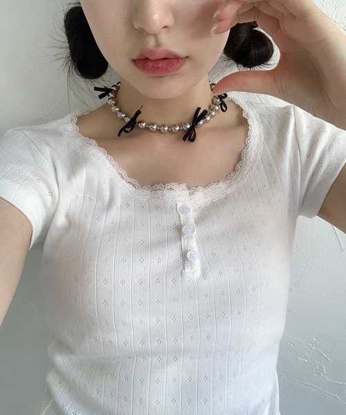 Teem Store(チームストア)の「フラワーヘンリー レース ショート Tシャツ(Tシャツ/カットソー・レディース・ピンク系その他/ブルー/ホワイト系その他2/パープル/ホワイト/ピンク/ホワイト系その他・F)」の10枚目の写真