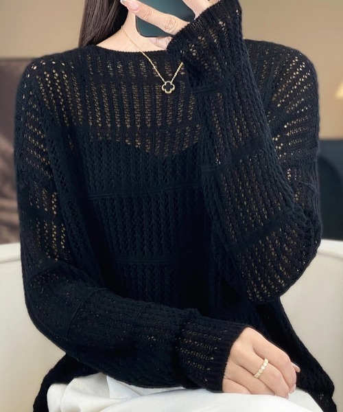 ketty cherie（ケティシェリー）の「チェックシアーニットトップス≪手洗い可能≫（ニット/セーター・レディース・ブラック/ベージュ・M）」の2枚目の写真