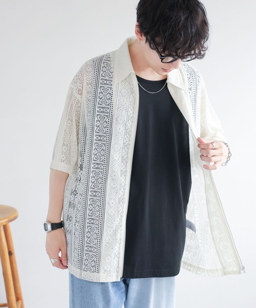 RAGEBLUE（レイジブルー）の「透かし柄レースジップシャツ（シャツ/ブラウス・メンズ・ブラック/ホワイト・MEDIUM/LARGE）」の5枚目の写真