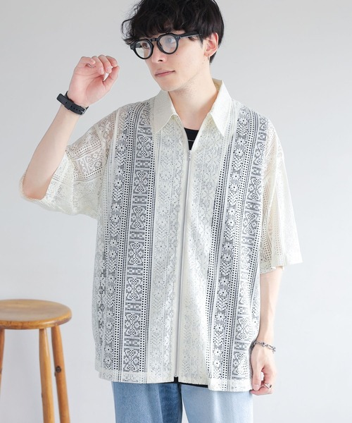 RAGEBLUE（レイジブルー）の「透かし柄レースジップシャツ（シャツ/ブラウス・メンズ・ブラック/ホワイト・MEDIUM/LARGE）」の6枚目の写真