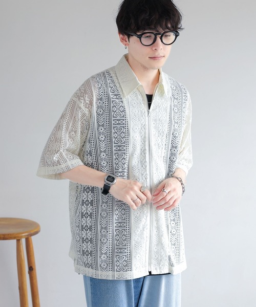 RAGEBLUE（レイジブルー）の「透かし柄レースジップシャツ（シャツ/ブラウス・メンズ・ブラック/ホワイト・MEDIUM/LARGE）」の7枚目の写真