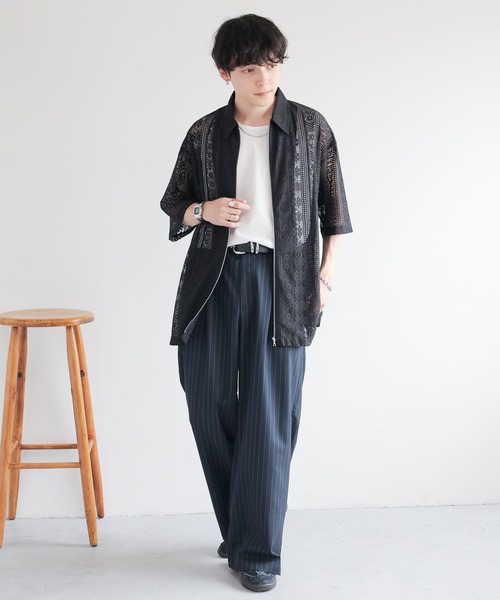 RAGEBLUE（レイジブルー）の「透かし柄レースジップシャツ（シャツ/ブラウス・メンズ・ブラック/ホワイト・MEDIUM/LARGE）」の8枚目の写真