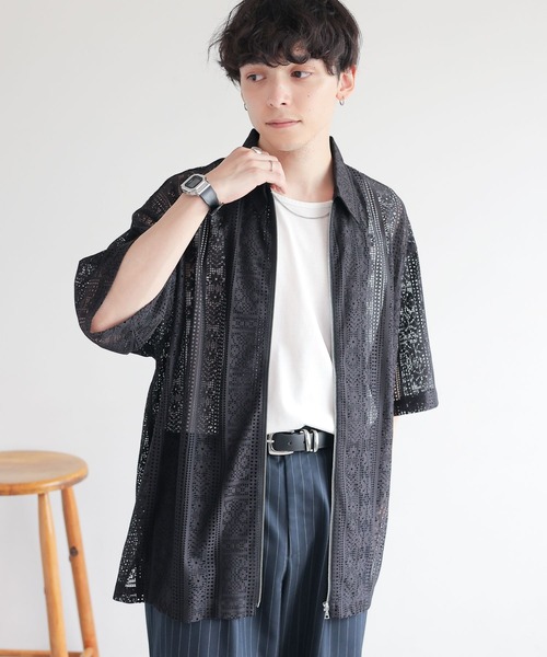 RAGEBLUE（レイジブルー）の「透かし柄レースジップシャツ（シャツ/ブラウス・メンズ・ブラック/ホワイト・MEDIUM/LARGE）」の9枚目の写真