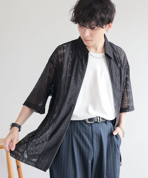 RAGEBLUE（レイジブルー）の「透かし柄レースジップシャツ（シャツ/ブラウス・メンズ・ブラック/ホワイト・MEDIUM/LARGE）」の10枚目の写真