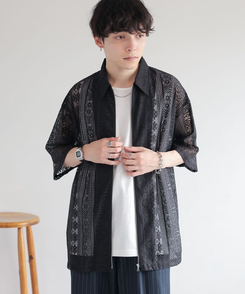 RAGEBLUE（レイジブルー）の「透かし柄レースジップシャツ（シャツ/ブラウス・メンズ・ブラック/ホワイト・MEDIUM/LARGE）」の11枚目の写真