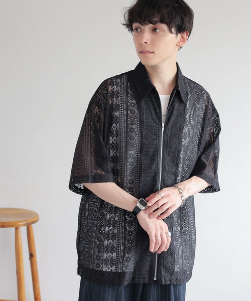 RAGEBLUE（レイジブルー）の「透かし柄レースジップシャツ（シャツ/ブラウス・メンズ・ブラック/ホワイト・MEDIUM/LARGE）」の12枚目の写真