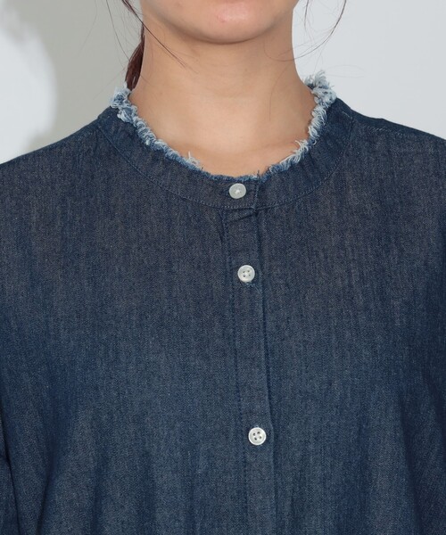コヒナ デニム シャツワンピース パフスリーブ 2way Vネック ブルー ハレノヒ Hare no hi ネックフリルデニムシャツワンピース （紺
