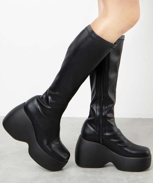 WEGO(ウィゴー)の「WEGO/厚底ウェッジソールロングブーツ(ブーツ・レディース・ブラック・MEDIUM/LARGE)」の1枚目の写真