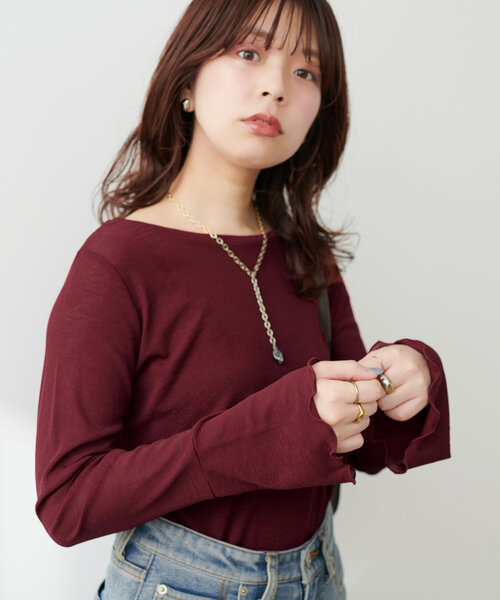 natural couture(ナチュラルクチュール)の「ざらざらシアー天竺2wayトップス(Tシャツ/カットソー・レディース・ボルドー/ライトグレー/ブラック/オフホワイト・FREE)」の13枚目の写真
