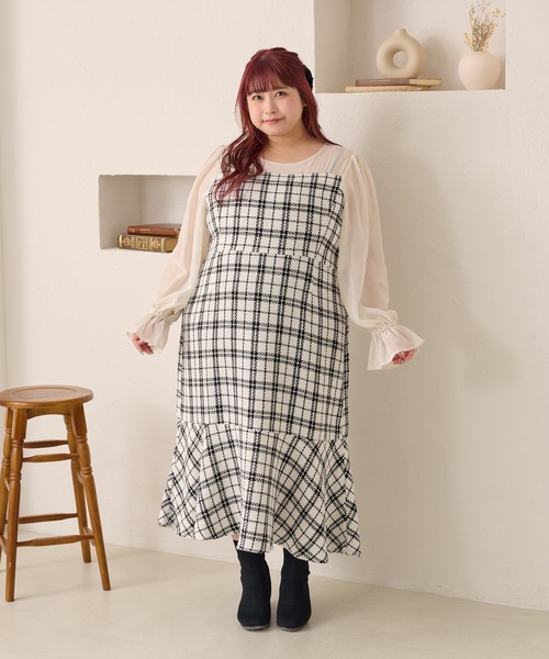 Louiosy(ルオシー)の「【大きいサイズ】ツイードマーメイドワンピース(ワンピース・レディース・ブラック/ホワイト・3L/4L)」の2枚目の写真