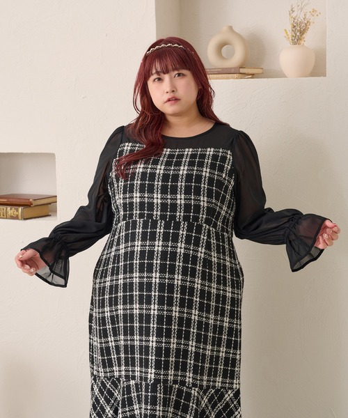 Louiosy(ルオシー)の「【大きいサイズ】ツイードマーメイドワンピース(ワンピース・レディース・ブラック/ホワイト・3L/4L)」の5枚目の写真