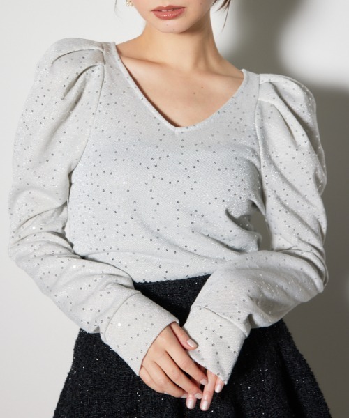 rienda（リエンダ）の「スパークリングギャザースリーブカットトップス（Tシャツ/カットソー・レディース・ライトピンク/グレー/ホワイト・FREE）」の2枚目の写真