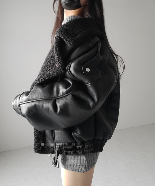 2color 】フェイクレザーベルテッドボアムートンジャケット ／ fake