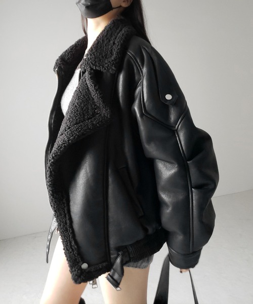 2color 】フェイクレザーベルテッドボアムートンジャケット ／ fake