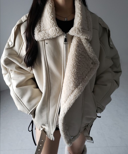 2color 】フェイクレザーベルテッドボアムートンジャケット ／ fake