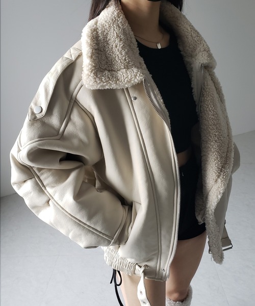 2color 】フェイクレザーベルテッドボアムートンジャケット ／ fake