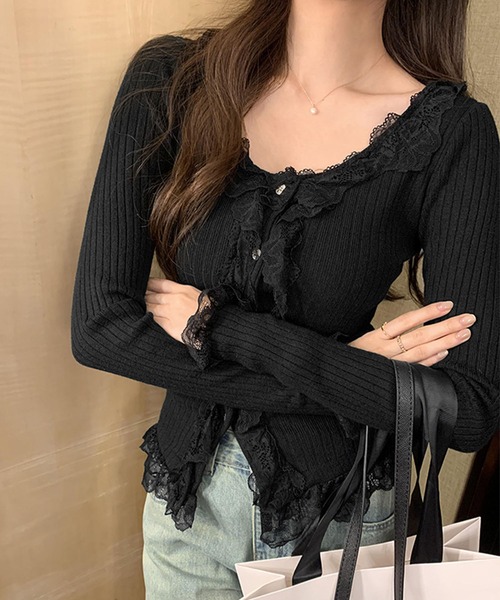 GLAMOROUS JANE(グラマラスジェーン)の「フリルレースリブニットカーデ(ニット/セーター・レディース・ベージュ/ホワイト/ブラック・FREE)」の9枚目の写真