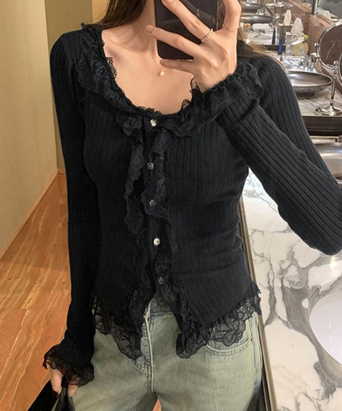 GLAMOROUS JANE(グラマラスジェーン)の「フリルレースリブニットカーデ(ニット/セーター・レディース・ベージュ/ホワイト/ブラック・FREE)」の10枚目の写真