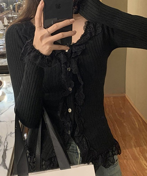 GLAMOROUS JANE(グラマラスジェーン)の「フリルレースリブニットカーデ(ニット/セーター・レディース・ベージュ/ホワイト/ブラック・FREE)」の11枚目の写真