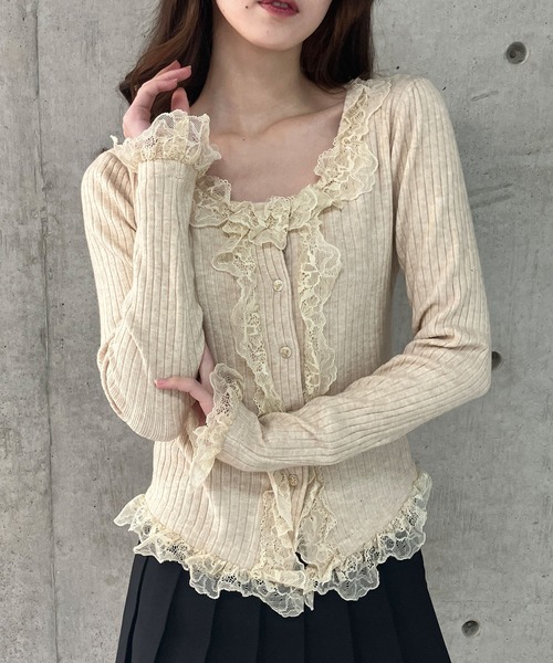 GLAMOROUS JANE(グラマラスジェーン)の「フリルレースリブニットカーデ(ニット/セーター・レディース・ベージュ/ホワイト/ブラック・FREE)」の13枚目の写真