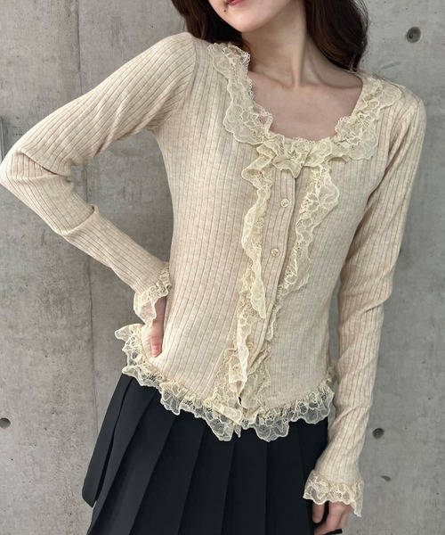 GLAMOROUS JANE(グラマラスジェーン)の「フリルレースリブニットカーデ(ニット/セーター・レディース・ベージュ/ホワイト/ブラック・FREE)」の14枚目の写真