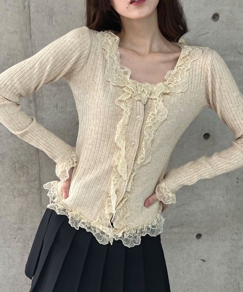 GLAMOROUS JANE(グラマラスジェーン)の「フリルレースリブニットカーデ(ニット/セーター・レディース・ベージュ/ホワイト/ブラック・FREE)」の15枚目の写真