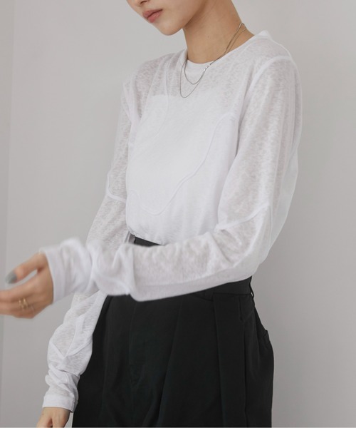 ANGIE(アンジー)の「コード刺繍 シアートップス(Tシャツ/カットソー・レディース・オフホワイト/杢グレー/ブラック/イエロー・FREE)」の7枚目の写真