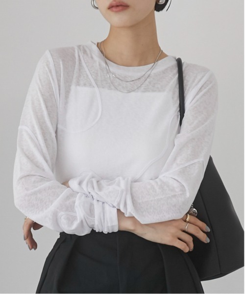 ANGIE(アンジー)の「コード刺繍 シアートップス(Tシャツ/カットソー・レディース・オフホワイト/杢グレー/ブラック/イエロー・FREE)」の20枚目の写真